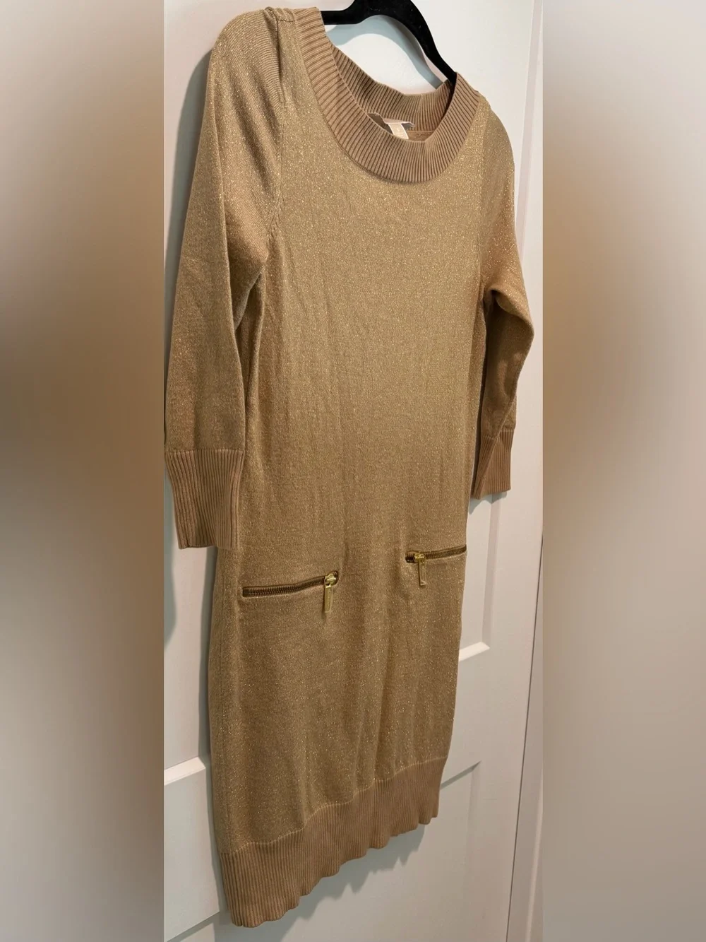 Michael Michael Kors Gold Metallic Knit Sweater Dress Size Small Zip Pocket